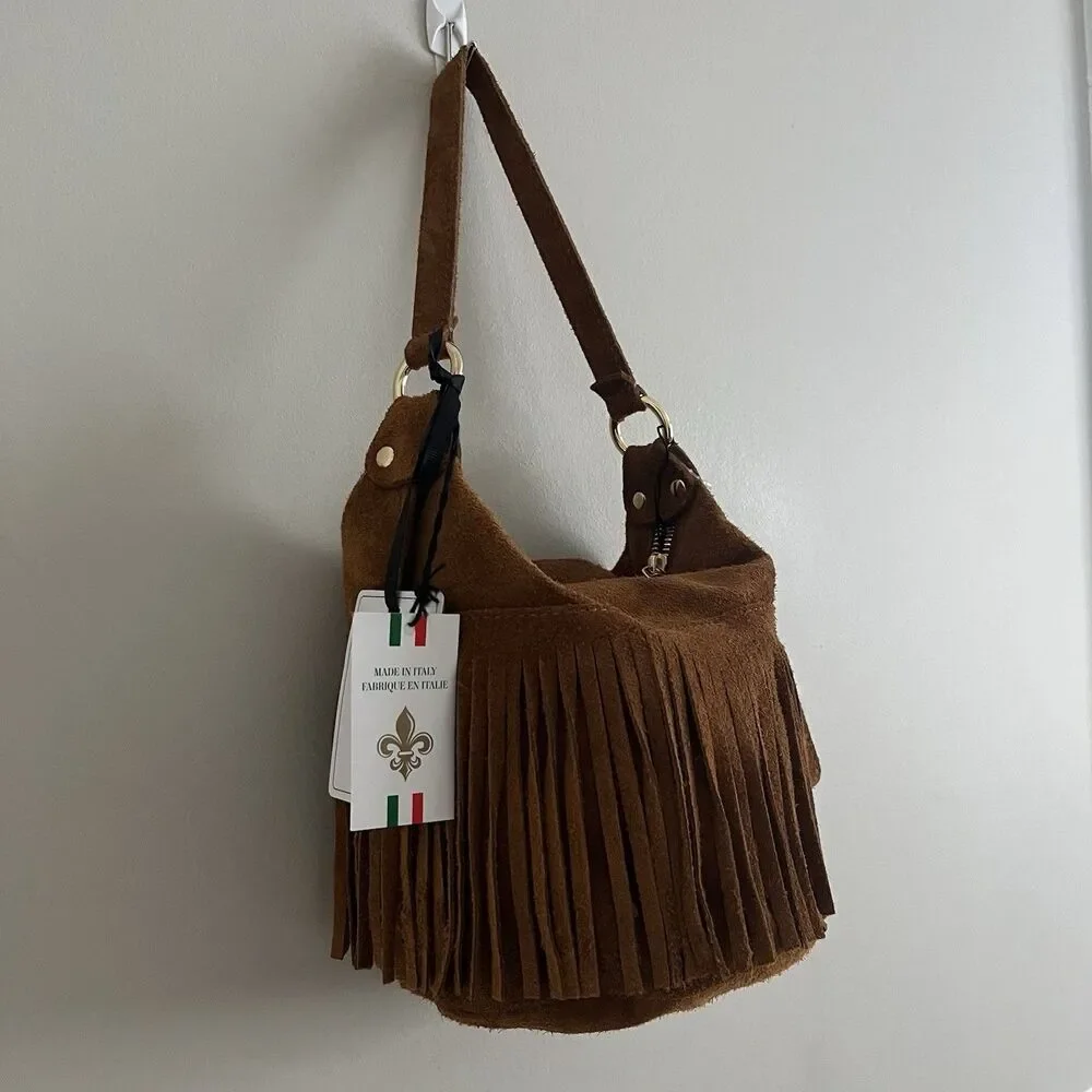 NWT Marlon Italy Suede Leather Fringe Hobo Bag Brown Western Cowgirl Festival